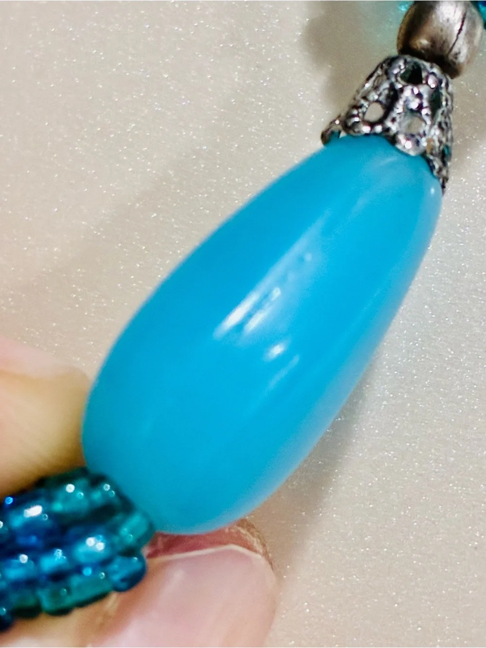 Aqua Blue Multi-Strand Tassel Necklace with Teardrop Pendant - Women Jewelry
